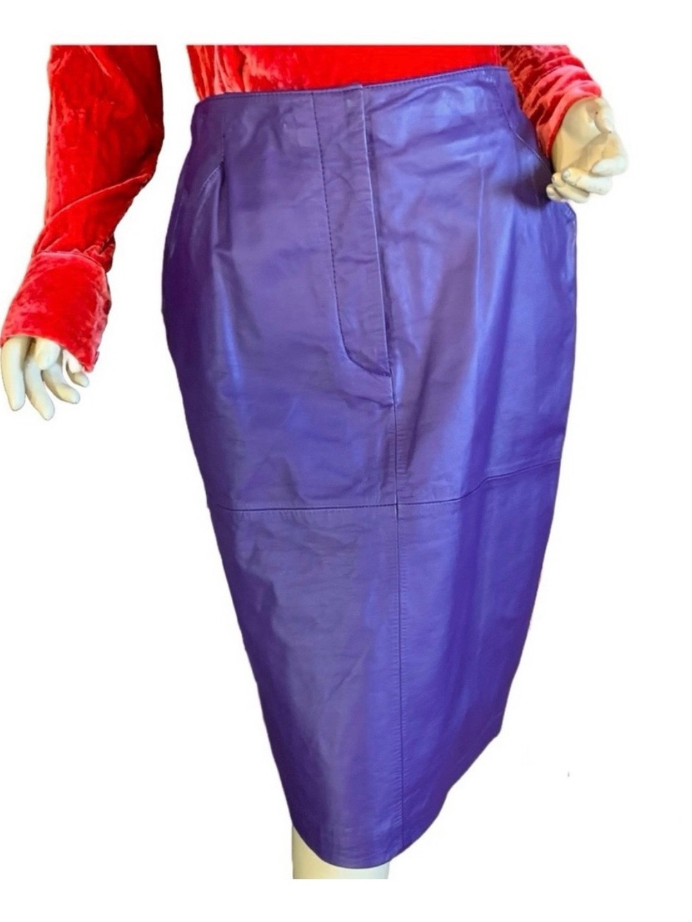 VINTAGE 1980'S SMITH-FORESTER PURPLE LEATHER MIDI SKIRT (12)